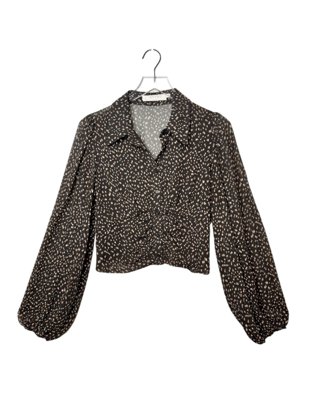 Astr Black Taupe Geo Print Ruched Balloon Sleeve Women’s Blouse Sz L